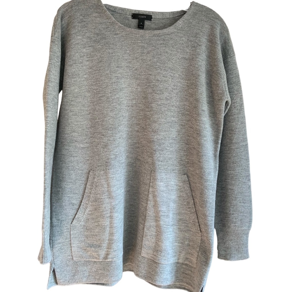 J Crew Wool Tunic Sweater Front Patch Pockets Grey SZ S
